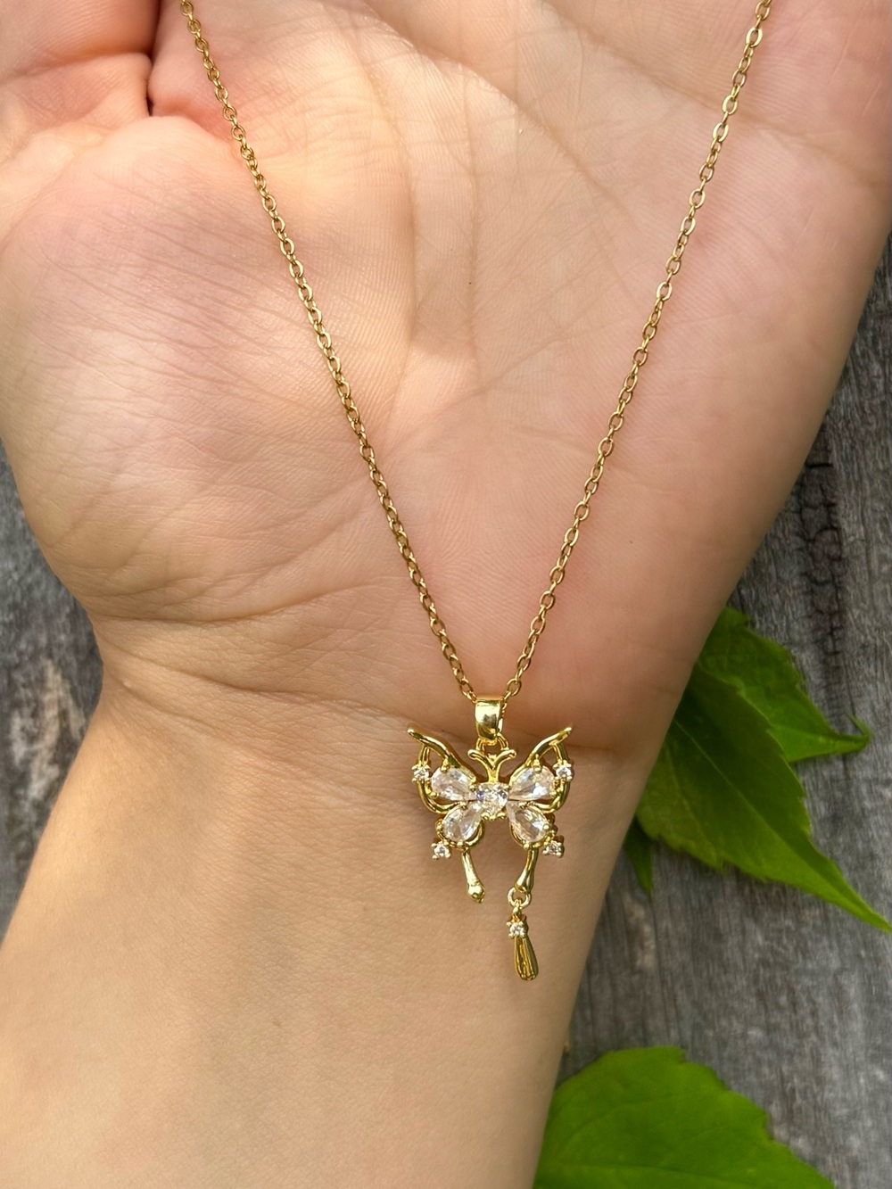 Gold Butterfly Crystal Pendant Necklace - Women Jewelry - Picture 3 of 3